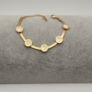 18K Gold Plated Pearl White Circle Bracelet, Roman Numerals, Stainless Steel